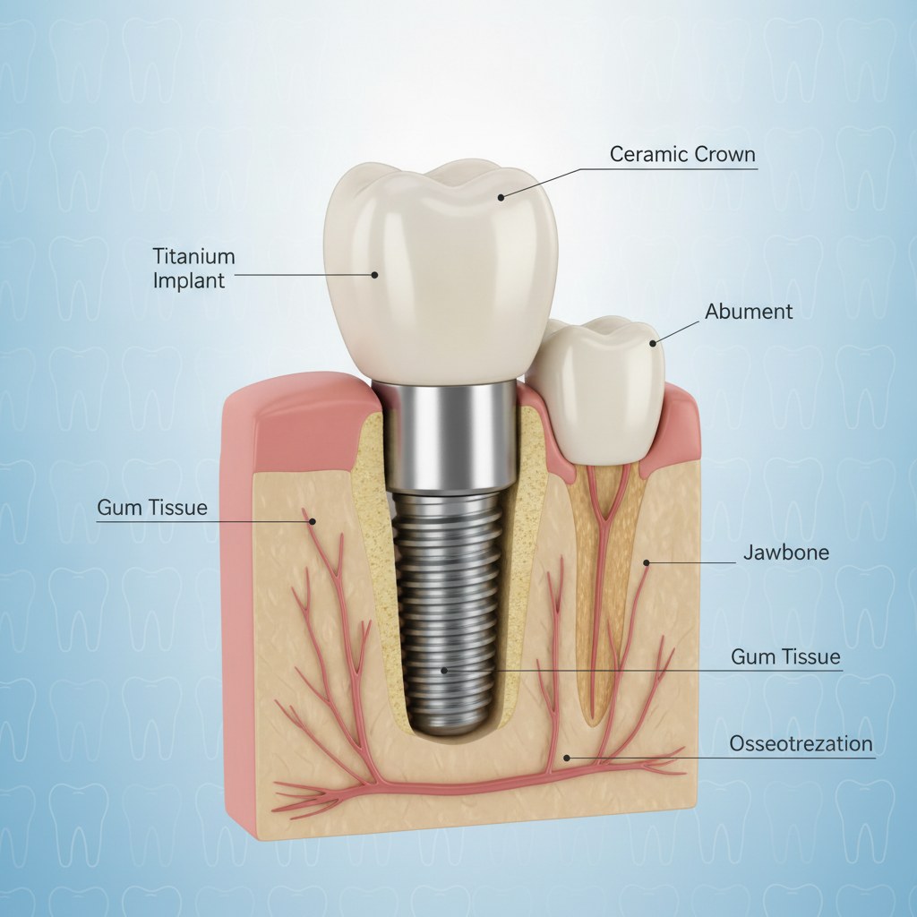 Illustration of a dental implant showing the titanium post, abutment and crown